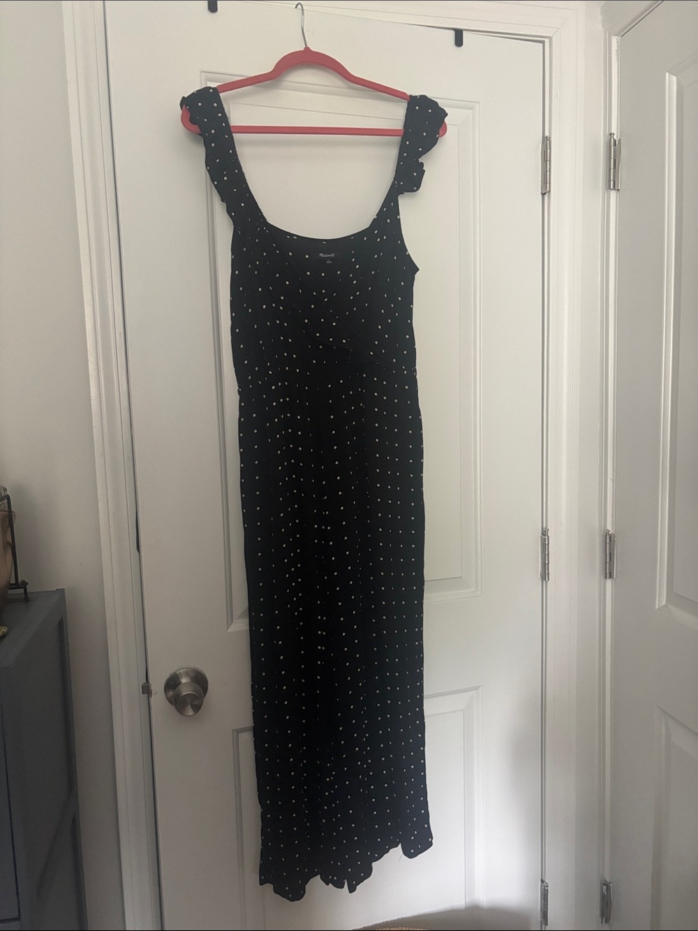 Madewell Black Asymmetrical Ruffle Strap Surplice Polka Dot Jumpsuit